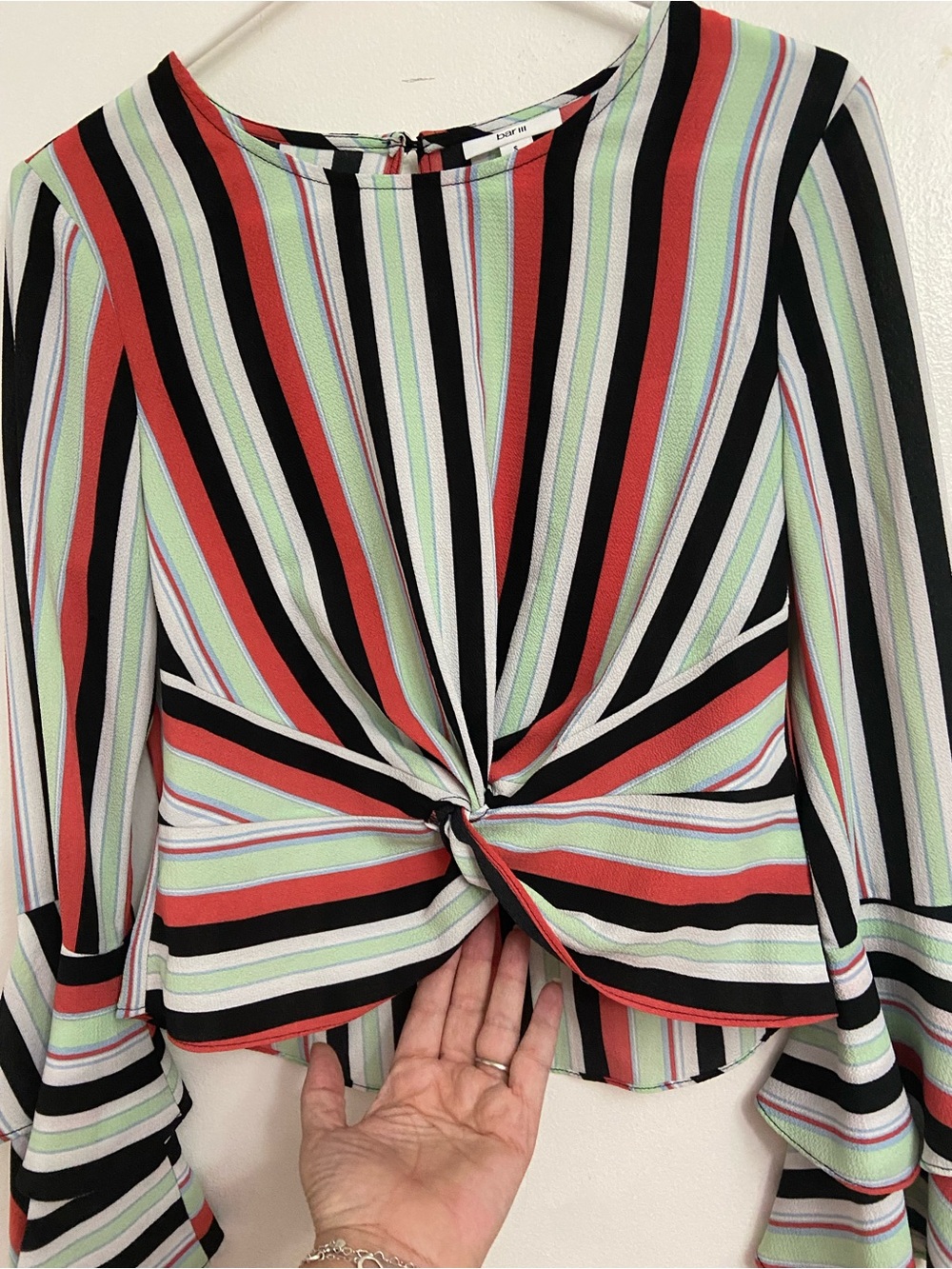 Bar III Striped Twist-Front Blouse - Black, Red & Mint Green Bell Sleeve - Picture 2 of 8